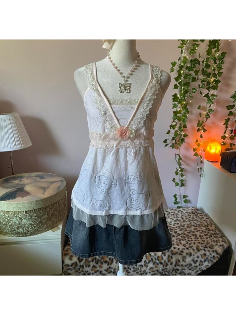Pink teddy bear print babydoll top with lacy floral details
